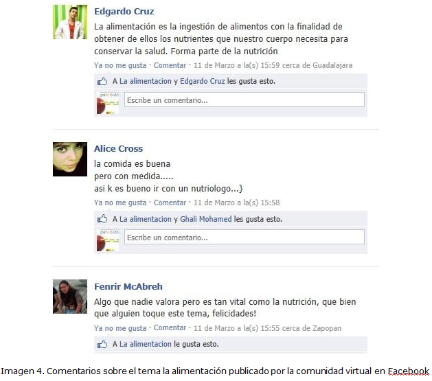 Imagen 4. Comentarios sobre el tema la alimentación publicado por la comunidad virtual en Facebook