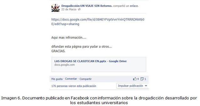 Imagen 6. Documento publicado en Facebook con información sobre la drogadicción desarrollado por los estudiantes universitarios