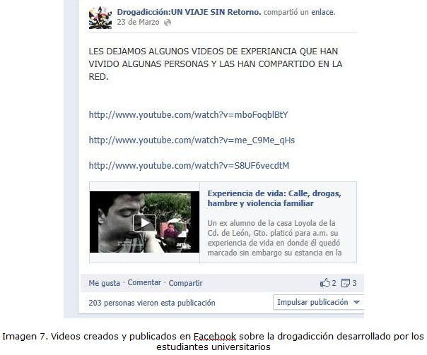 Imagen 7. Videos creados y publicados en Facebook sobre la drogadicción desarrollado por los estudiantes universitarios