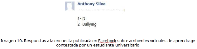 Imagen 10. Respuestas a la encuesta publicada en Facebook sobre ambientes virtuales de aprendizaje contestada por un estudiante universitario