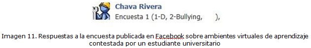 Imagen 11. Respuestas a la encuesta publicada en Facebook sobre ambientes virtuales de aprendizaje contestada por un estudiante universitario