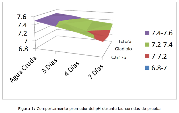 Figura 1: Comportamiento promedio del pH durante las corridas de prueba