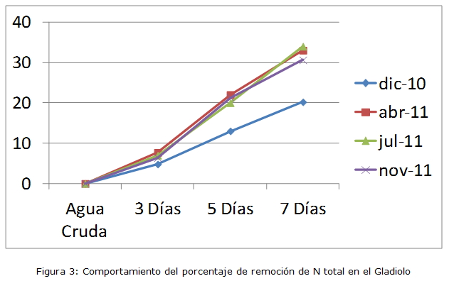 Figura 3: Comportamiento del porcentaje de remoción de nitrógeno total en el gladiolo