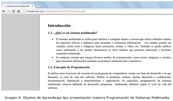 Imagen 8. Objetos de Aprendizaje tipo presentación materia Programación de Sistemas Multimedia