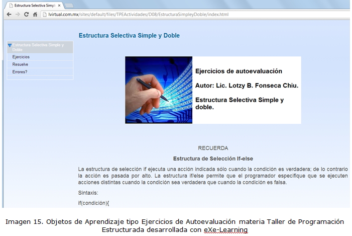 Imagen 15. Objetos de Aprendizaje tipo Ejercicios de Autoevaluación materia Taller de Programación Estructurada desarrollada con eXe-Learning
