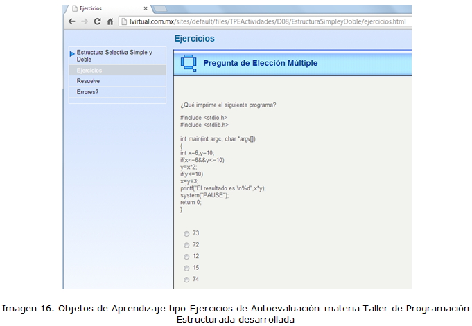 Imagen 16. Objetos de Aprendizaje tipo Ejercicios de Autoevaluación materia Taller de Programación Estructurada desarrollada