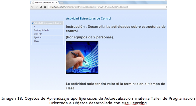 Imagen 18. Objetos de Aprendizaje tipo Ejercicios de Autoevaluación materia Taller de Programación Orientada a Objetos desarrollada con eXe-Learning